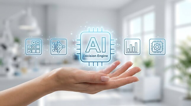 Artificial intelligence decision engine interface hovering above open human palm inside room hologram hand indoor screen icon.