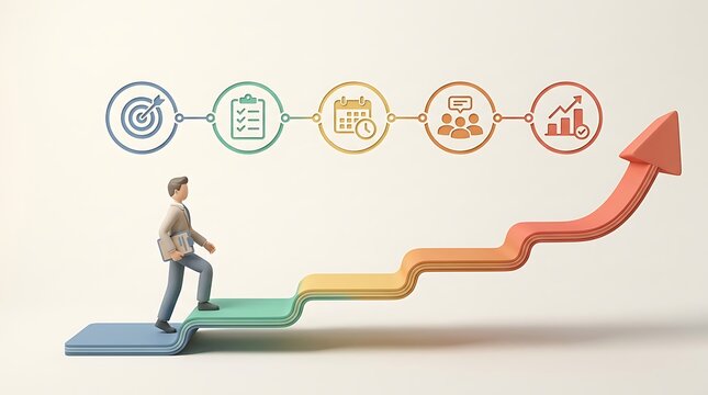 Business man climbing colorful stairs towards growth chart icon