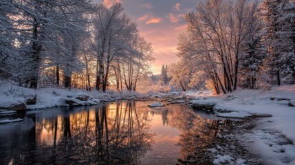 Winter forest landscape with snow-covered trees reflecting in calm water during sunrise with warm sky © Hn