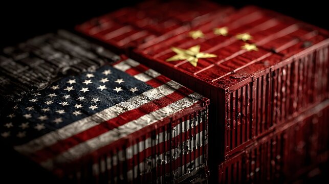 Close up view of metallic cargo containers with painted American and Chinese national flags representing bilateral trade.