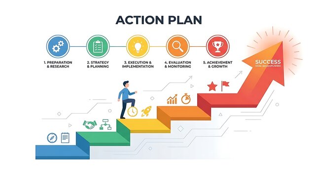 Action plan infographic with steps leading to success