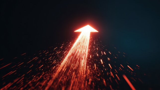 Glowing orange arrow ascending with sparks against a dark background symbolizing growth and progress