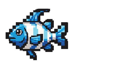 Fototapeta premium Blue and white striped pixel art fish on white background