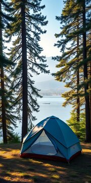 Tent nestled among towering trees, overlooking serene lake with misty mountains in background, wilderness, serenity