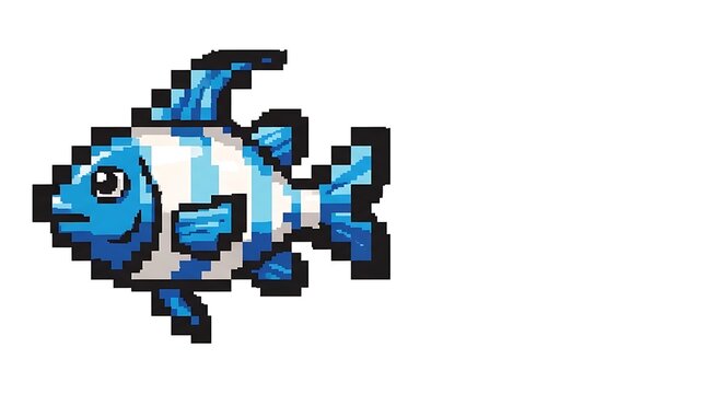 Blue and white striped pixel art fish on white background