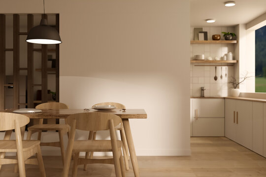 Japandi dining room and open kitchen interior