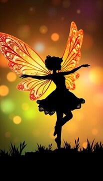Whimsical fairy silhouette with outstretched arms and sparkling wings, nature, sparkles