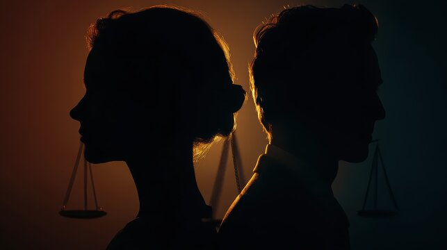 Silhouette couple back to back with scales of justice in dramatic backlighting symbolizing relationship imbalance