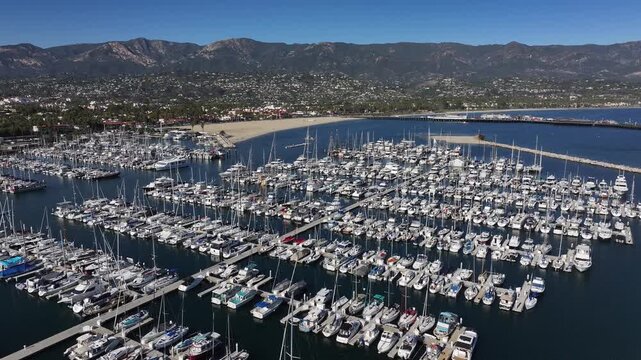 Aerial view of the seaside scenery at the yacht marina in Santa Barbara, California, USA