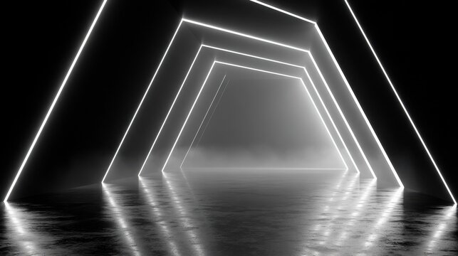 Geometric neon light tunnel in dark room
