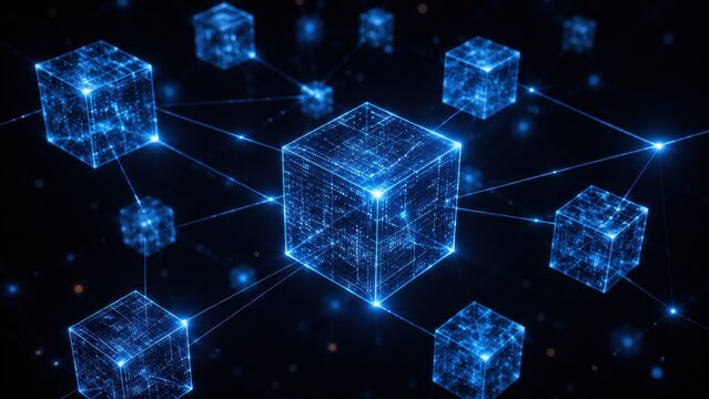 Glowing digital cubes connected in futuristic network