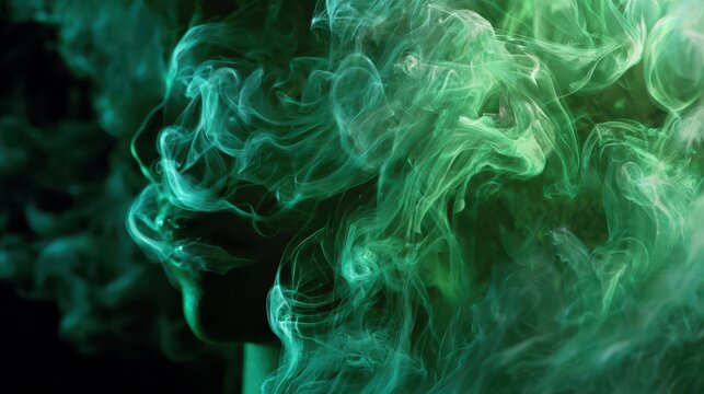 Woman's profile silhouette in vibrant green smoke against a dark background with abstract swirling patterns