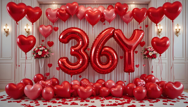 Anniversary celebration background featuring shiny red balloons in shape of number thirty six year.