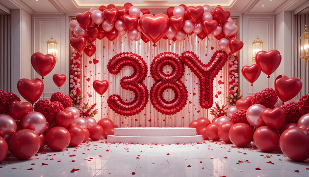 Anniversary celebration setup featuring red foil numbers thirty eight and heart shape balloons.