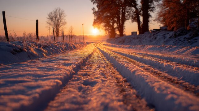 Snowy rural road during golden hour sunset with tire tracks and frost on fence posts