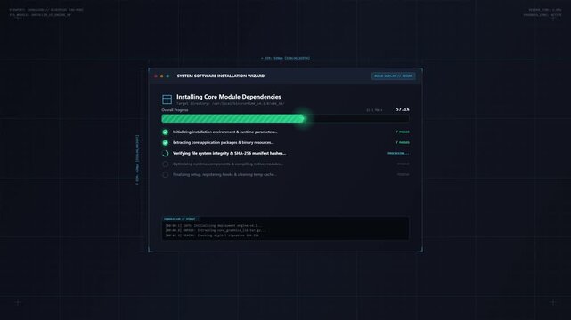 Technical user interface of a system software installation wizard featuring progress bars, console logs, and module dependency lists on a dark blue digital grid background in 4K.