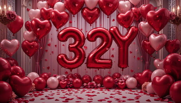 Elegant birthday celebration decor featuring number thirty two y foil balloons and red hearts.