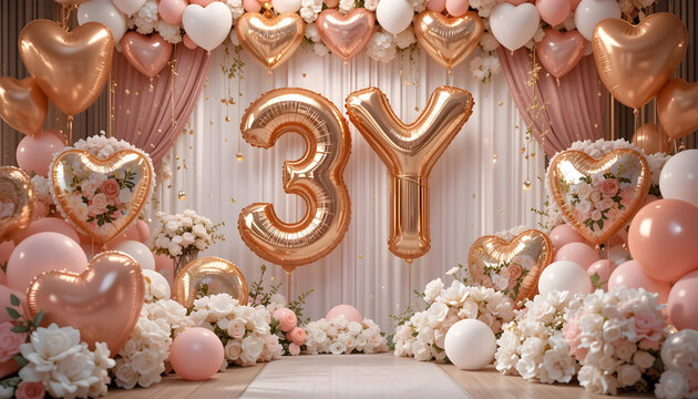 Elegant gold balloons spelling "3Y" with flowers and various pink heart decorations.