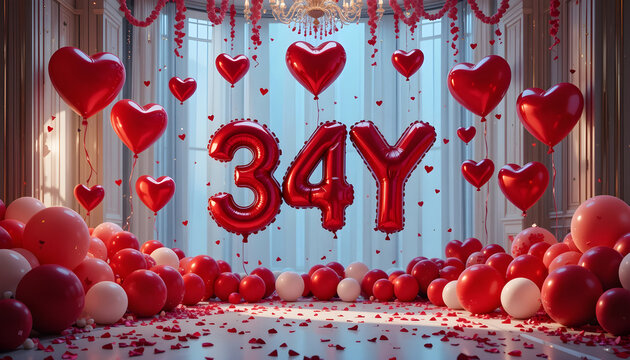 Festive birthday party setup with red thirty four y foil balloons and hearts in bright room.