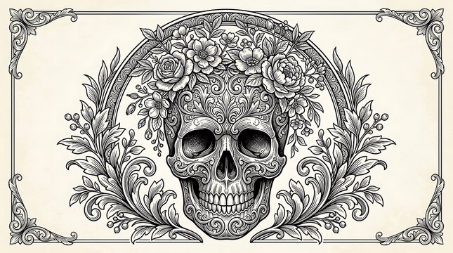 Ornate Sugar Skull with Floral Crown and Vintage Filigree Ornaments