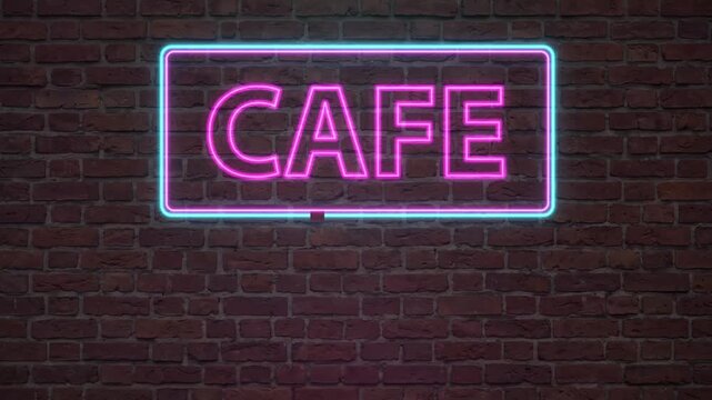 Pink and Blue Neon Cafe Sign Flickering on Dark Brick Wall