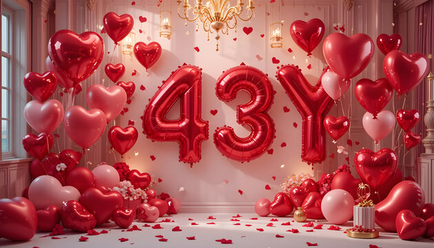 Happy forty third birthday celebration with red heart balloons and confetti.