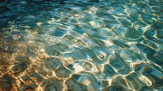 Clear turquoise water surface with sunlight patterns on sandy seabed abstract texture