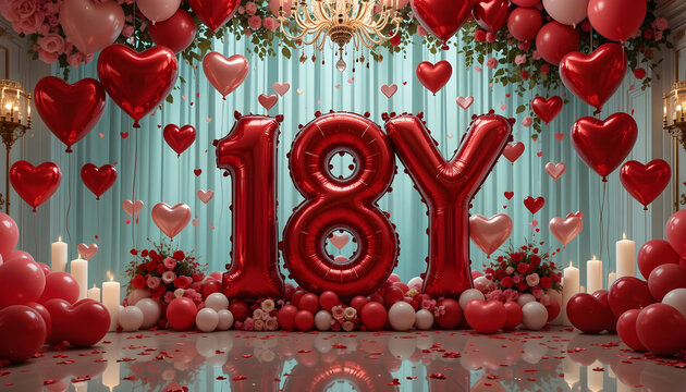 Luxurious room with red and pink heart balloons, number 18y balloons and rose petals for an eighteenth birthday or anniversary.