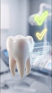 Shiny tooth symbolizes oral health and dental care with glowing calendar and check marks for regular dentist visits and effective tooth whitening treatment ensuring bright smile and strong teeth