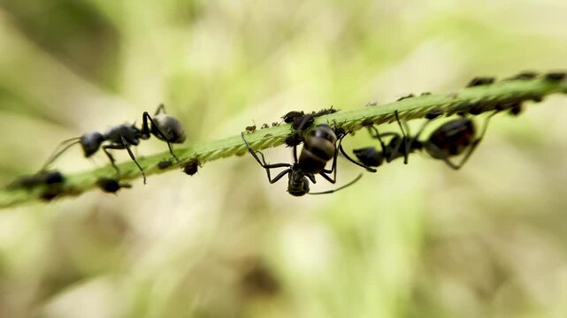 Macro Video of Ants Walking Along a Green Grass Stem