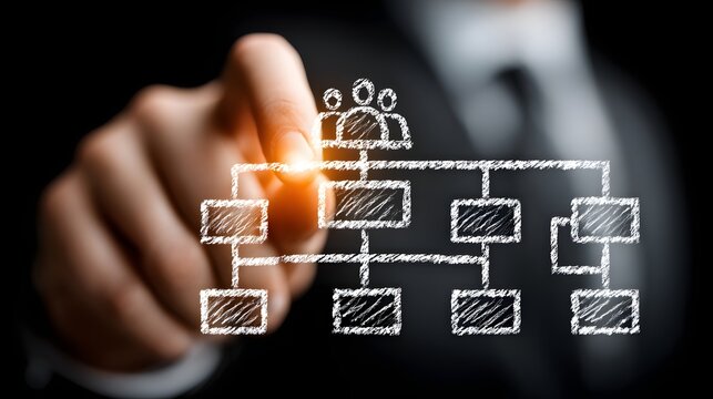 Businessman touching glowing organization chart icon, illustrating corporate management structure and leadership.
