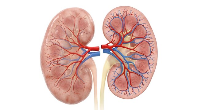 Detailed anatomical illustration of human kidneys showing external and internal structures with blood vessels.