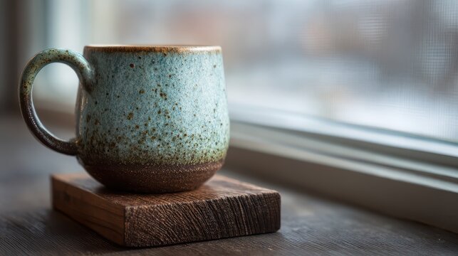 Handmade ceramic mug resting on a wooden coaster by a window with soft natural light
