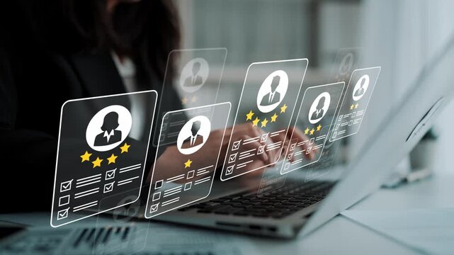 Professional review process with digital candidate profiles and evaluation stars displayed on computer screen in modern workplace setting Gluon.