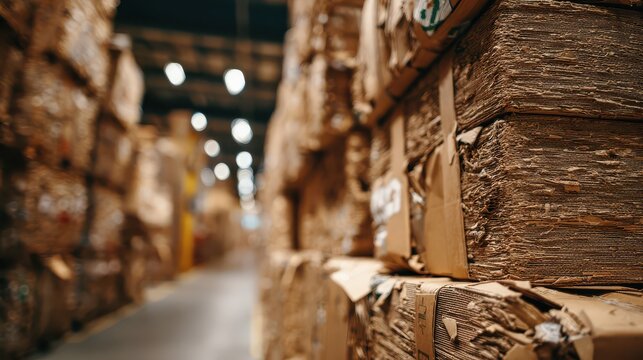 Recycled cardboard bales stacked in a warehouse with overhead lighting representing industrial recycling and sustainability