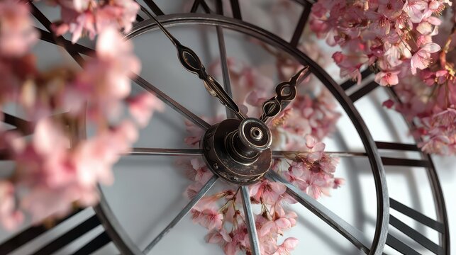 Vintage clock face with delicate pink blossoms during spring soft focus
