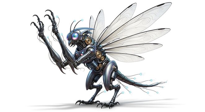 Mechanical insect robot with translucent wings on white background