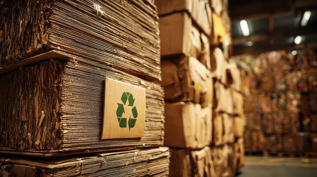Stacked recycled cardboard bales with green recycling symbol in warehouse lighting