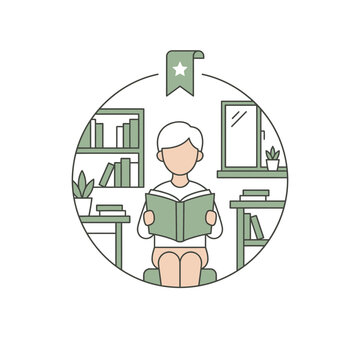 Line art illustration of person reading in circular frame.