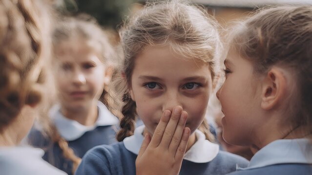 Schoolgirl whispers a secret into her classmate's ear while standing in a schoolyard group.