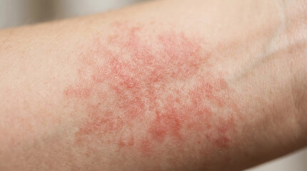 Fototapeta premium Close-up of human skin with red rash on arm inflammation