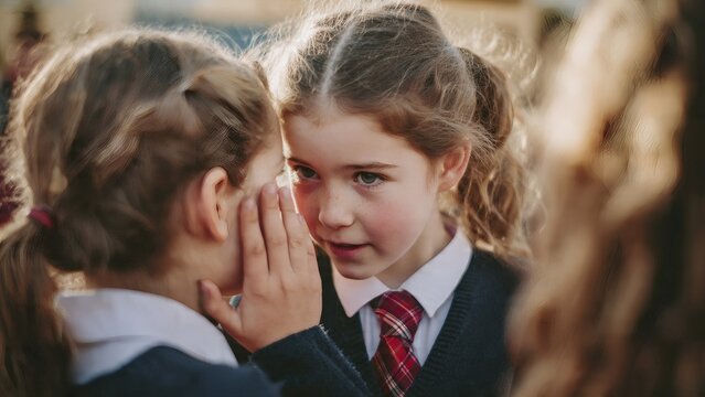Young schoolgirl whispers a secret to her friend during break time outdoors.