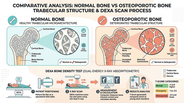 Normal vs osteoporotic bone trabecular structure with DEXA bone density test