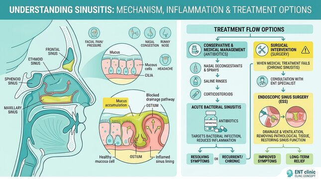 Sinusitis mechanism with mucus accumulation and treatment selection flowchart