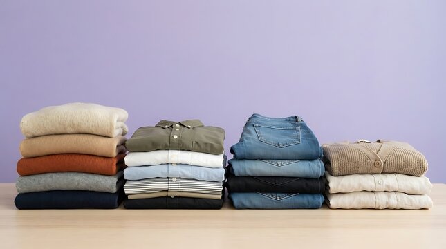 organized stacks including sweaters, shirts, and jeans on table