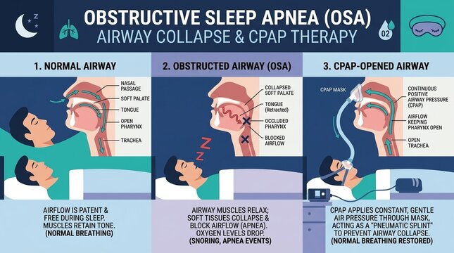 Obstructive sleep apnea upper airway collapse and CPAP therapy illustration