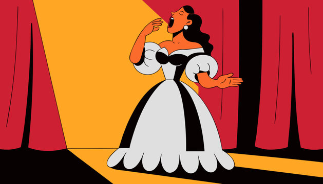 Elegant opera singer performing on stage under spotlight vector illustration flat design style with yellow spotlight against vintage gown performing