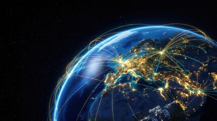 Naklejka premium Global Network Visualization: A stunning view of Earth at night, illuminated by the glow of continents and crisscrossed by vibrant lines representing global connectivity and digital networks.