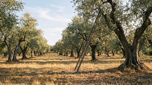 Olive tree orchard with wooden ladder, with rows of green foliage and sunlit dry grass, leaning against an old tree trunk, in a rural countryside grove, agricultural photography