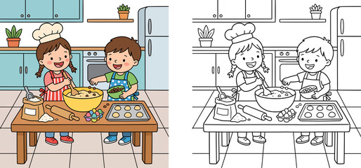Cute kids baking cookies in the kitchen vector illustration set with colorful version and black and white coloring page outline for children activity book.